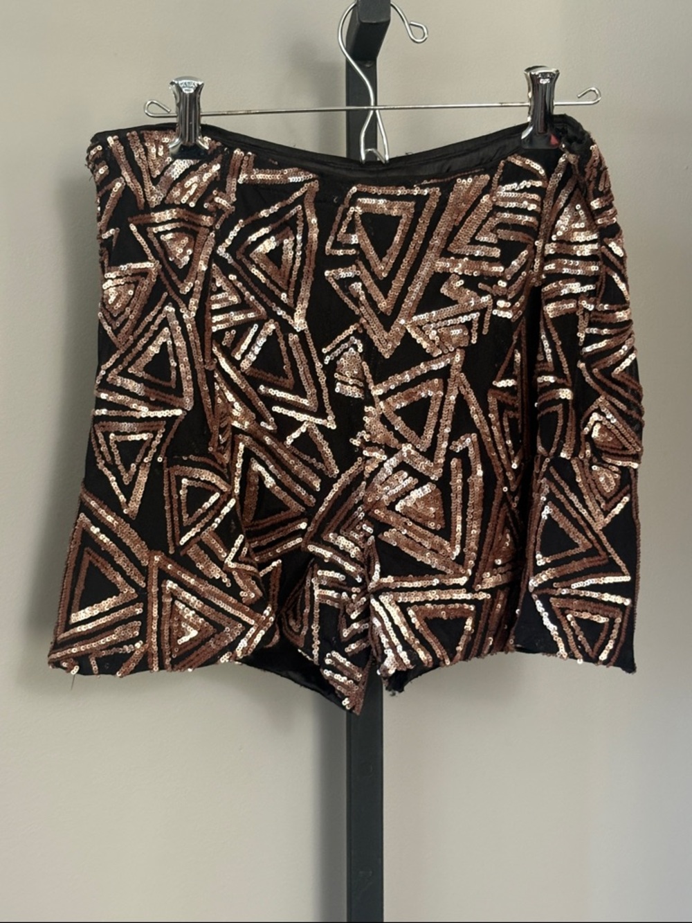 Lucy Paris Medium Black Satin Mid Rise Shorts with Bronze Sequins